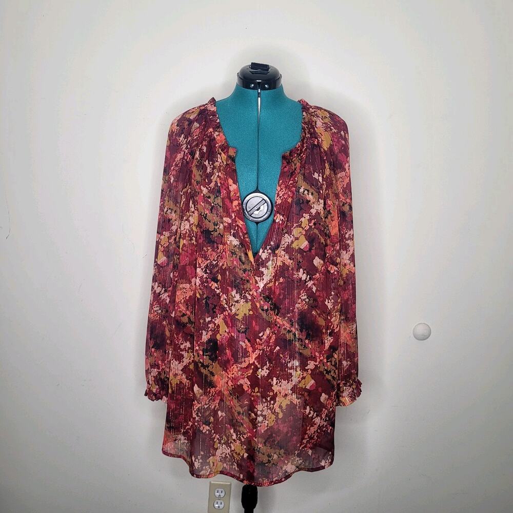 Catherines 3X Red Abstract Floral Gold Metallic Sheer Chiffon Blouse Top Career